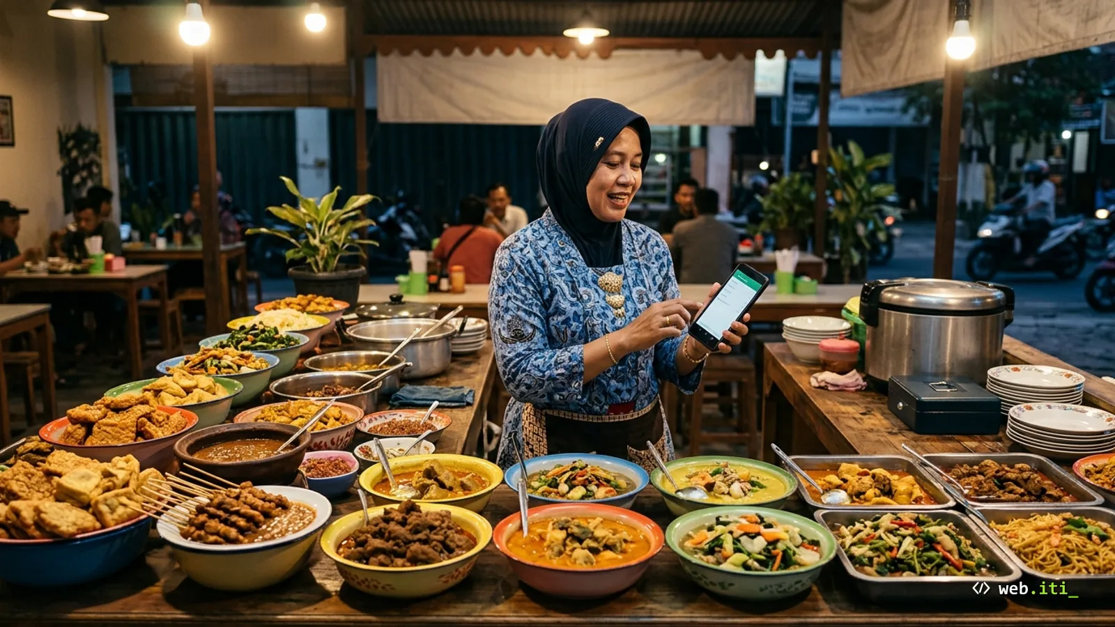 Piring pecel Madiun dengan sambal kacang di samping smartphone yang menampilkan halaman menu online dan tombol pesan WhatsApp